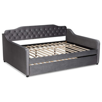 Full Daybed With Trundle, Slatted Support and Button Tufted Headboard, Grey