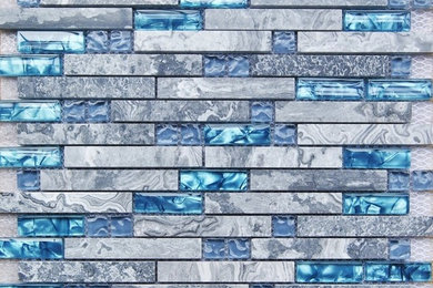 Sea Blue Glass Tile Bathtub Backsplash Gray Marble Bathroom