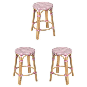 Home Square 24" Rattan Round Counter Stool in White and Pink - Set of 3