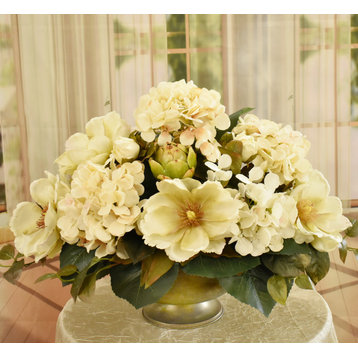 Cream Magnolia and Hydrangea Silk Floral Centerpiece