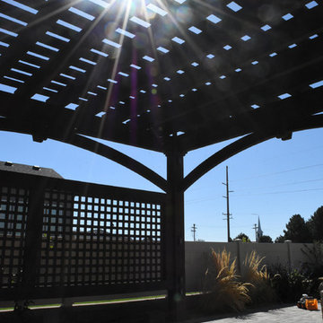 Pergola w/Privacy Lattices, Outdoor Power & Timber Frame Garden Boxes