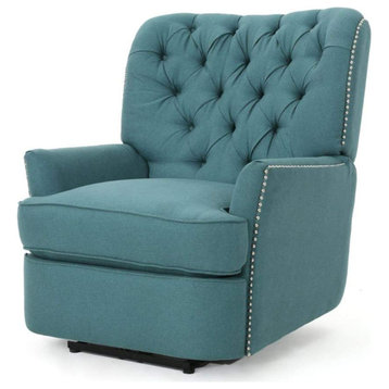 Contemporary Power Recliner, Teal Upholstery With Button Tufted Back & Nailhead