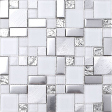 White Gray Metal Glass Mosaic Kitchen Backsplash Tile, 12"x12"