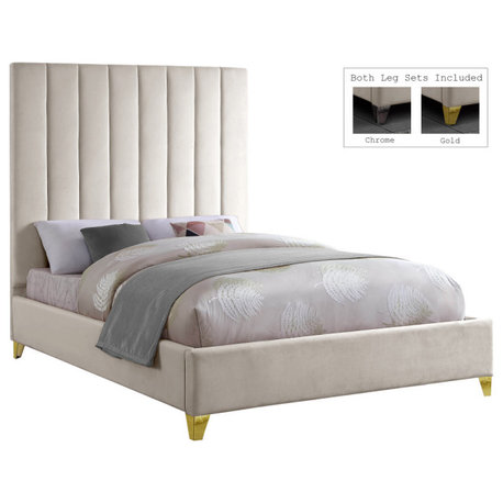 Via Velvet Upholstered Bed, Cream, Queen