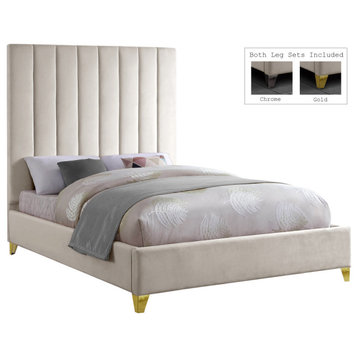 Via Velvet Upholstered Bed, Cream, Queen