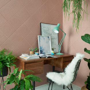 Inspiration for a modern home office and library in Other with pink walls, marble flooring, a freestanding desk and white floors.