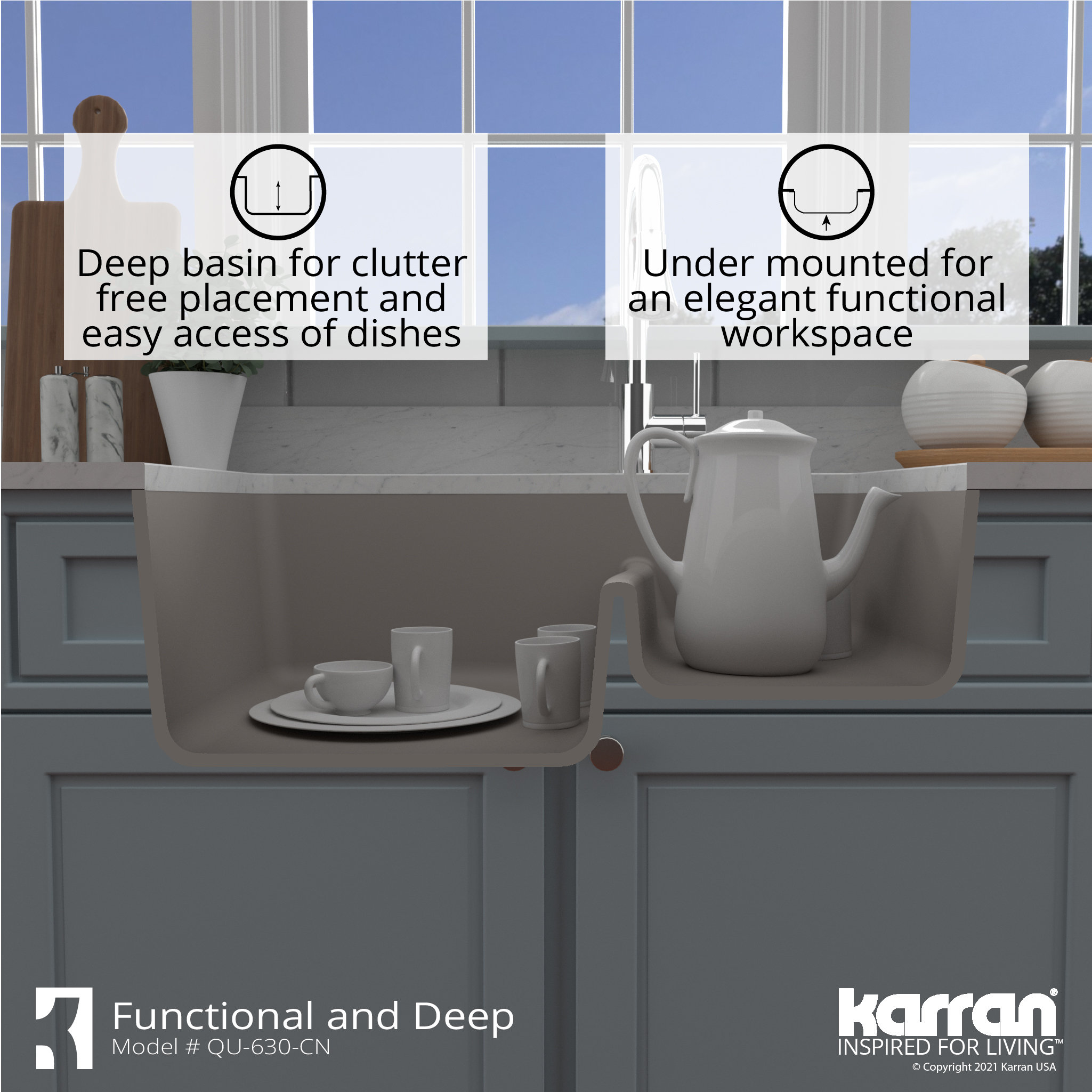 Karran Undermount Quartz 32" 60/40 Double Bowl Kitchen Sink, Concrete