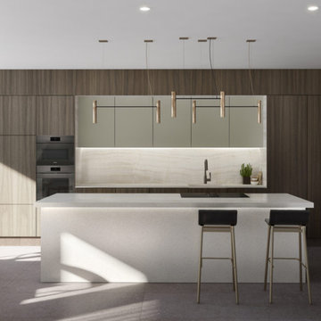Kitchen area at Austurhöfn apartments, complete with custom cabinetry and applia