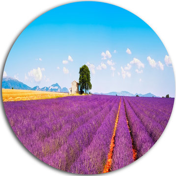 Remote House And Tree In Lavender Field, Landscape Round Artwork, 36"