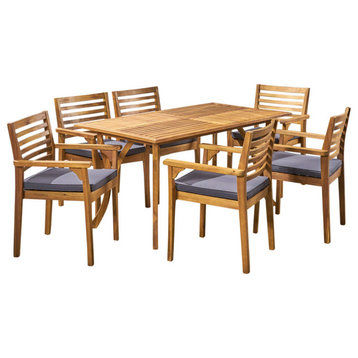 GDF Studio Alma Outdoor 6-Seater 59" Acacia Dining Set With Carved Legs, Teak Fi