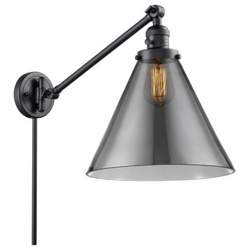 X-Large Cone 1 Light Swing Arm or Wall Lamp, Matte Black, Plated Smoke Glass