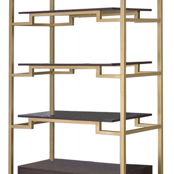 Benzara BM201990 Wood & Metal Bookshelf With Shelves and Drawer, Brown/Gold