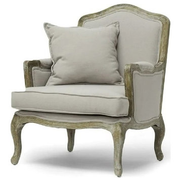 Traditional Accent Chair, Rubberwood Frame, Padded Linen Seat, Distressed Gray