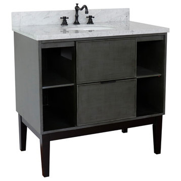 37" Single Vanity, Linen Gray Finish With White Carrara Top And Oval Sink