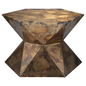 Modern Faceted Hexagon Acid Washed Bronze Accent Table Hourglass Shape 24"