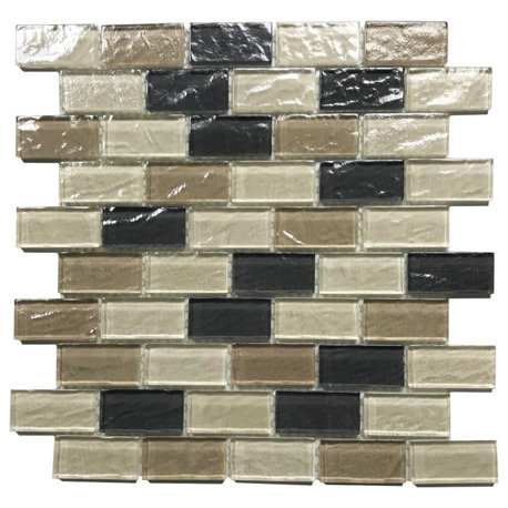 Geo 11"x11" Textured Glass Brick Mosaic Tile,Beige/Black, Single Sheet