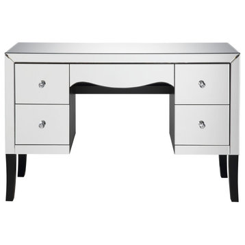 Benzara BM191405 Wooden Framed Mirrored Vanity Desk With 4 Drawers, Silver