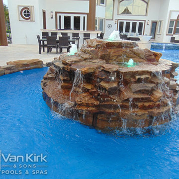 Rock Waterfall With Custom Pool and Wet Edge Spa in Davie, Florida