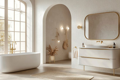 Bathroom - huge master white tile ceramic tile, beige floor, single-sink and wallpaper bathroom idea in Charlotte with furniture-like cabinets, white cabinets, a bidet, white walls, a vessel sink, marble countertops, white countertops and a floating vanity