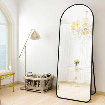 Easly 20x63 Aluminum Alloy Framed Arched Rounded Floor Mirror, Black