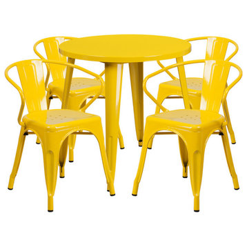 Commercial Grade 30" Round Yellow Metal Indoor-Outdoor Table Set, 4 Arm Chairs
