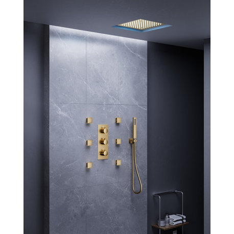 LED Thermostatic Shower System 12" Rain Shower Head with 6 Body Jets, Brushed Gold