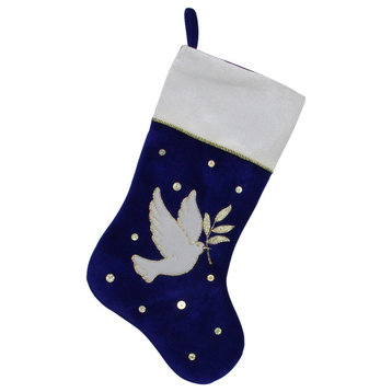 20.5" Royal Blue and White Velvet Dove With Twig Decorative Christmas Stocking