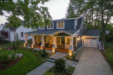 Mid-sized craftsman blue two-story wood gable roof idea in Detroit