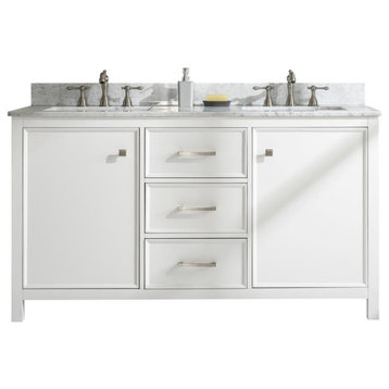 60" Blue Finish Double Sink Vanity Cabinet, Carrara White Top, White