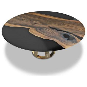 Atalante Walnut Round Table, Black Top & Gold Base, 4 Seater