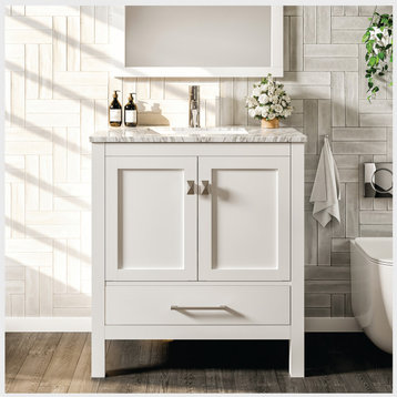 Eviva London Transitional Bathroom Vanity With White Carrara Top, White, 30"