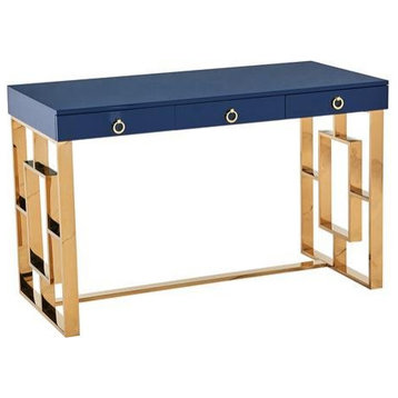 Brooks 3 Drawer Wood and Stainless Steel Frame Writing Desk - Blue/Gold