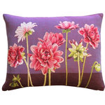 Pillow Decor Ltd. - Pillow Decor - Pink Dahlias Rectangular Tapestry Throw Pillow - Pink Dahlias in various stages of bloom are splashed across the front of this French tapestry throw pillow. A two tone purple background contrasts wonderfully against the green dahlia stems and the pink and rose tones of the flower blossoms.