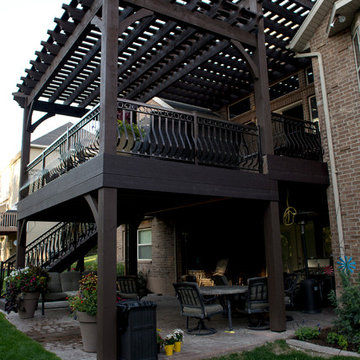 Timber Frame Tiered Pergolas, Deck, Ornamental Metal Railings