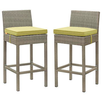 Contemporary Outdoor Patio Bar Stool Chair, Set of Two, Fabric Rattan, Green