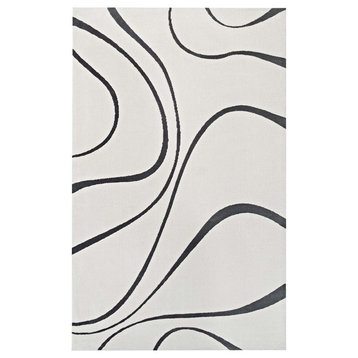 Therese Abstract Swirl 5"x8" Area Rug, Ivory/Charcoal