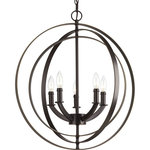 Progress Lighting - Equinox 5-Light Chandelier, Antique Bronze - Inspired by ancient astronomy armillary spheres, the interlocking rings pivot for an infinite variety of positions. Five-light chandelier pendant in Antique Bronze is ideal for installations over a farmhouse table, dining room setting or kitchen island. Can be used individually or in groupings of two or more.