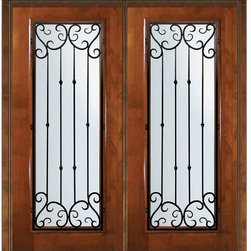 Prehung Home Double Door 80 Alder Valencia Full Lite Wrought Iron - Front Doors