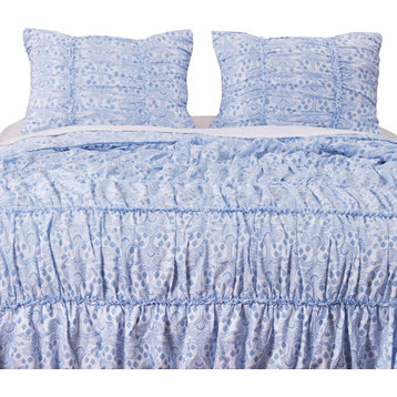 Benzara BM219398 Fabric Queen Size Quilt Set with Pleated & Ruffled Detail, Blue