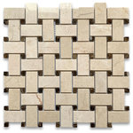 Stone Center Online - Crema Marfil Marble Basketweave Mosaic Tile Emperador Dots Polished, 1 sheet - Crema Marfil Marble 1x2" rectangle pieces and Emperador Dark 3/8" dots mounted on 12x12" sturdy mesh tile sheet