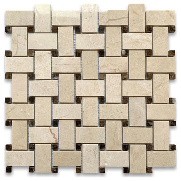 Crema Marfil Marble Basketweave Mosaic Tile Emperador Dots Polished, 1 sheet