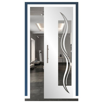 Frameless Pocket Glass Sliding Door and Sandblasting Etched Design, 34"x81", Positive, Semi-Private