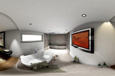 Großes Modernes Badezimmer En Suite mit freistehender Badewanne, bodengleicher Dusche, Wandtoilette, grauen Fliesen, Keramikfliesen, Aufsatzwaschbecken, braunem Boden und offener Dusche in Sonstige