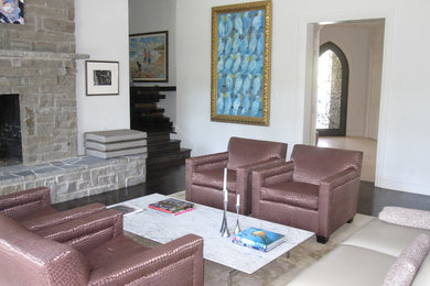 Inspiration for a mid-sized contemporary formal and open concept dark wood floor living room remodel in Dallas with white walls, a standard fireplace, a stone fireplace and no tv