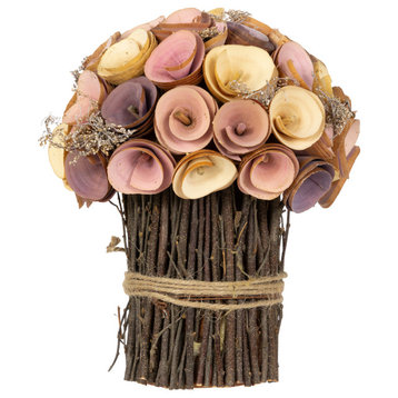 Wooden Artificial Floral Spring Bouquet 8.25" Pink and Yellow