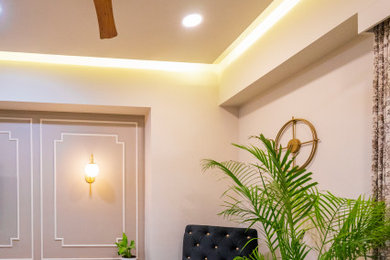 Large trendy living room photo in Ahmedabad with beige walls