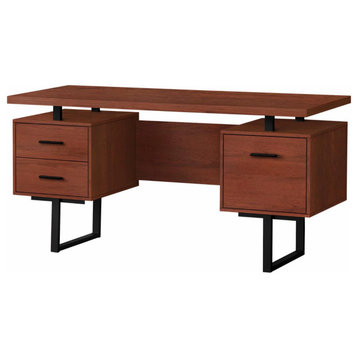 Modern Desk, Floating Top With 2 Drawers & Storage Cabinet, Cherry