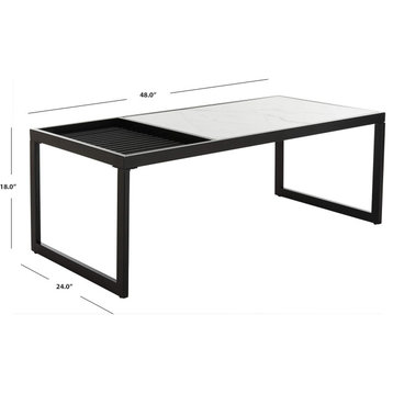 Contemporary Coffee Table, Square Metal Legs With Faux Marble Top, Black/White