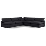 Meridian Furniture - Comfy Upholstered L-Shaped Modular Sectional, Black, 5-Piece: 4 Armless Chair, 1 Corner Chair, Linen Textured Fabric - Give your space a whole new look with this black Comfy linen textured fabric sectional. This handsome sectional fits nicely with other items in the Comfy collection and is a versatile seating option designed for adaptability, comfort and style. Wrapped in rich black durable linen textured fabric upholstery, this sectional offers a plush embrace of overstuffed down feather cushions, carefully crafted to deliver the highest level of comfort. The perfect seat for creating an oasis for relaxation, this sectional has thick foam surrounding its frame for added support and coziness.