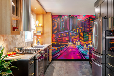 Small trendy galley porcelain tile and gray floor eat-in kitchen photo in Other with a single-bowl sink, shaker cabinets, quartzite countertops, multicolored backsplash, porcelain backsplash, stainless steel appliances, no island and beige countertops